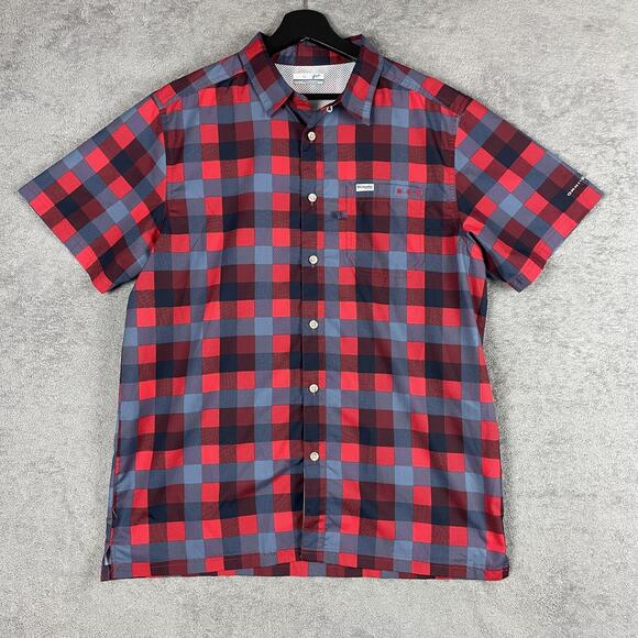 Columbia PFG Shirt Mens Medium Red Blue Plaid Short Sleeve Omni-Shade Fishing - Picture 1 of 13